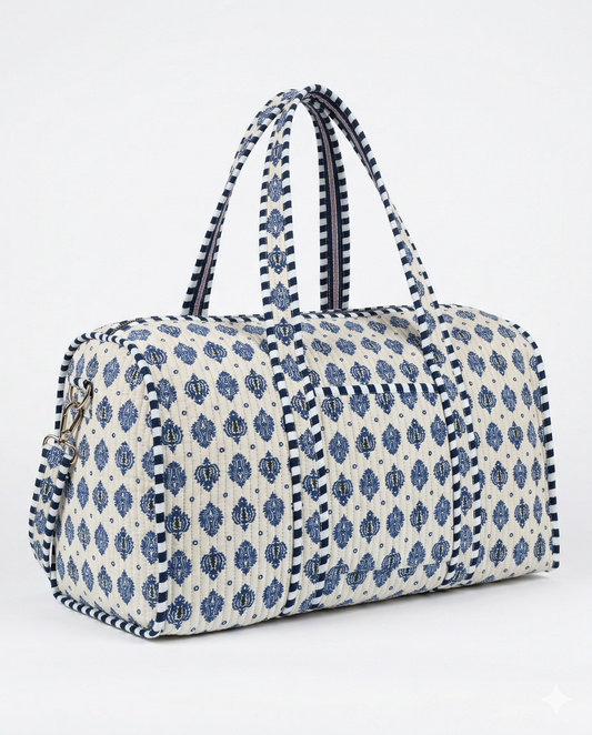 Beige Floral Quilted Cotton Duffle Bag – Lightweight Travel Weekender