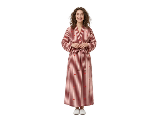 Red heart riot women's cotton kimono. Romantic red and 
white heart print lightweight cotton housecoat and dressing gown.