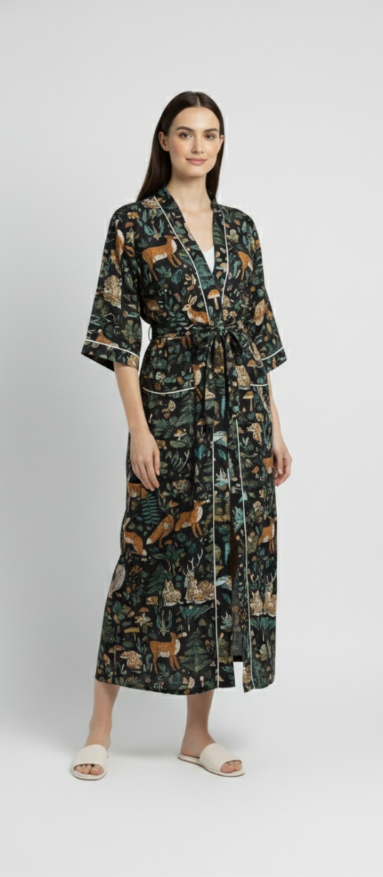 Women’s Forest Print Cotton Robe | Front Tie Waist | 3/4th Sleeves