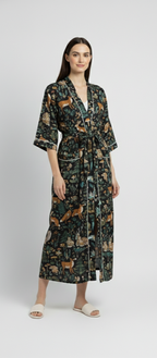 Women’s Forest Print Cotton Robe | Front Tie Waist | 3/4th Sleeves