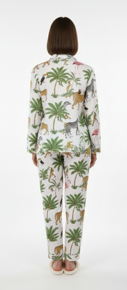 White Safari Print Cotton Pajama Set for Women – Button-Down Nightwear & Loungewear