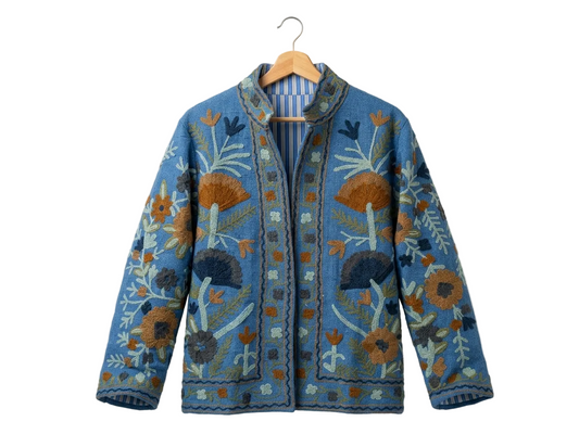 Royal Bloom Suzani Jacket – Women’s Blue Cotton Reversible Embroidered Floral Jacket