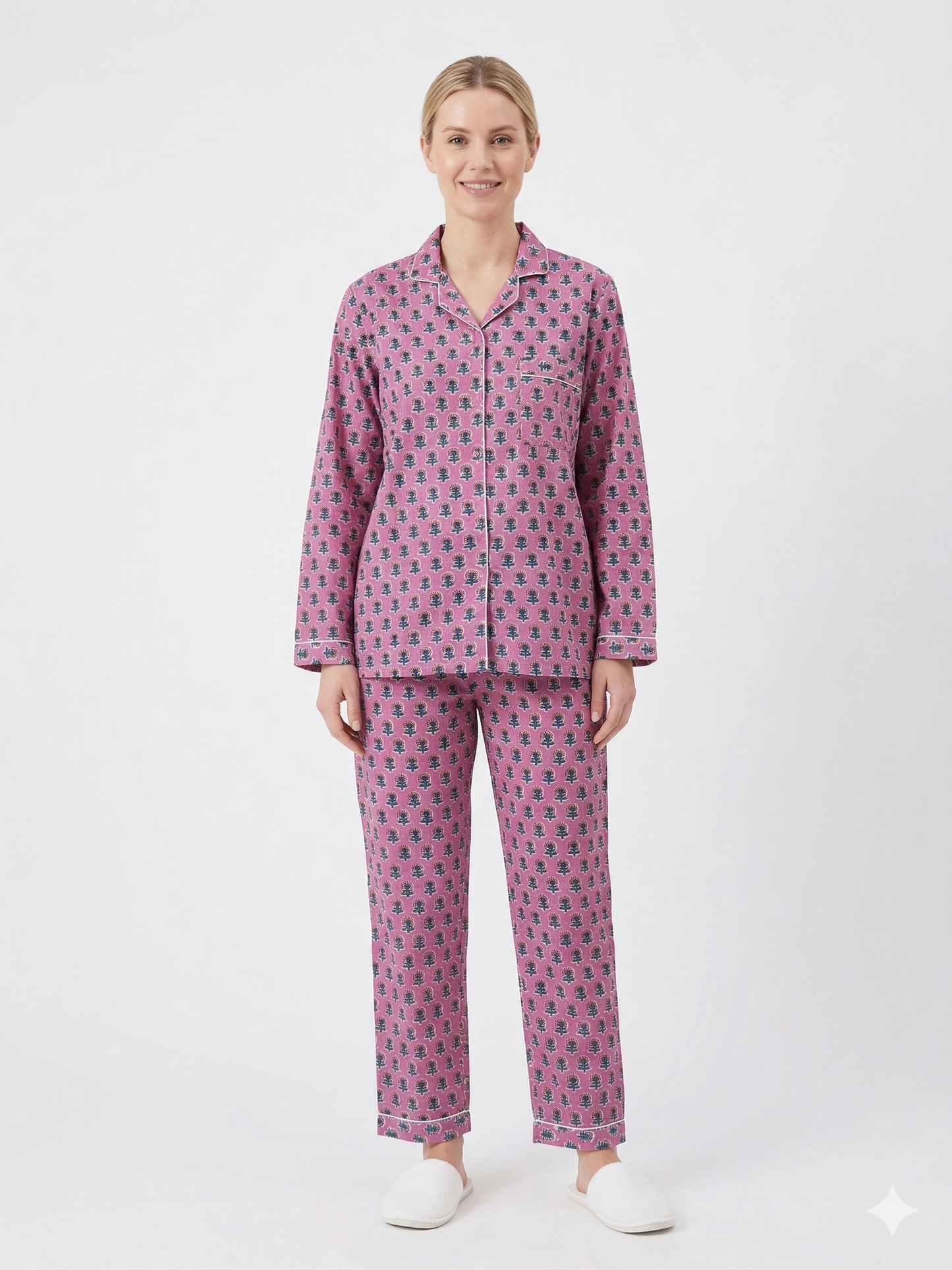 Women's Rosy Pink Bloom Cotton Night Suit Set – Elegant Two Piece Pajama Set