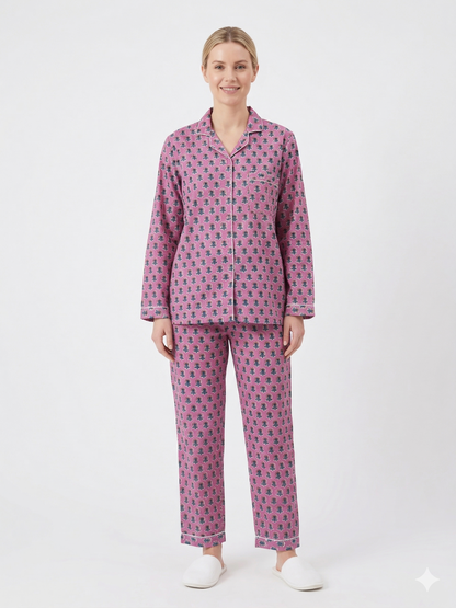 Women's Rosy Pink Bloom Cotton Night Suit Set – Elegant Two Piece Pajama Set