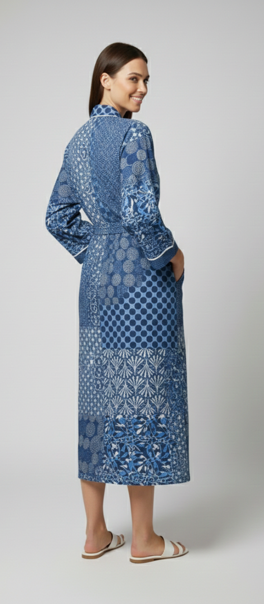 Women’s Blue Patchwork Print Cotton Robe | Front Tie Waist | 3/4th Sleeves