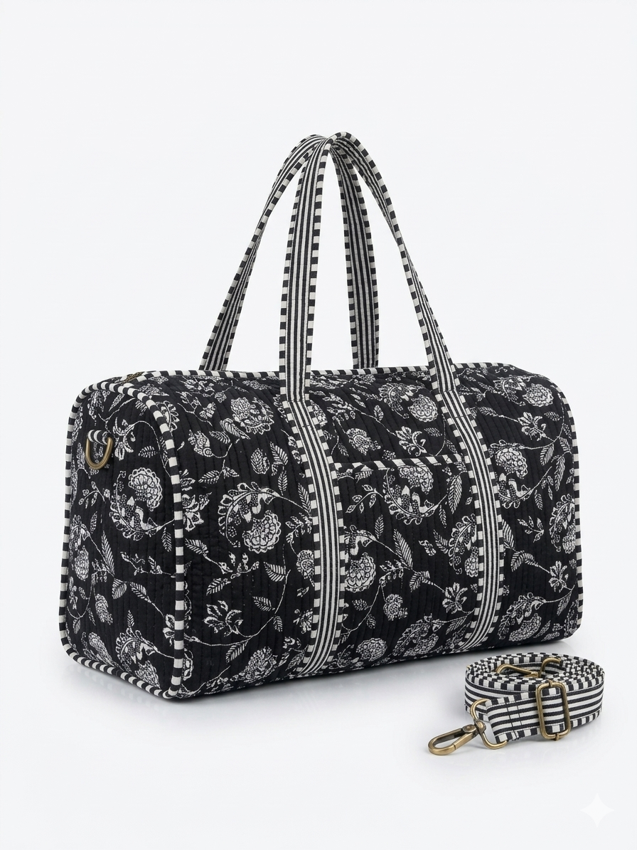 Black Floral Print Quilted Cotton Duffle Bag – Lightweight Travel Weekender