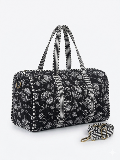Black Floral Print Quilted Cotton Duffle Bag – Lightweight Travel Weekender