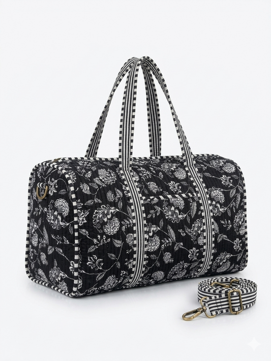 Black Floral Print Quilted Cotton Duffle Bag – Lightweight Travel Weekender