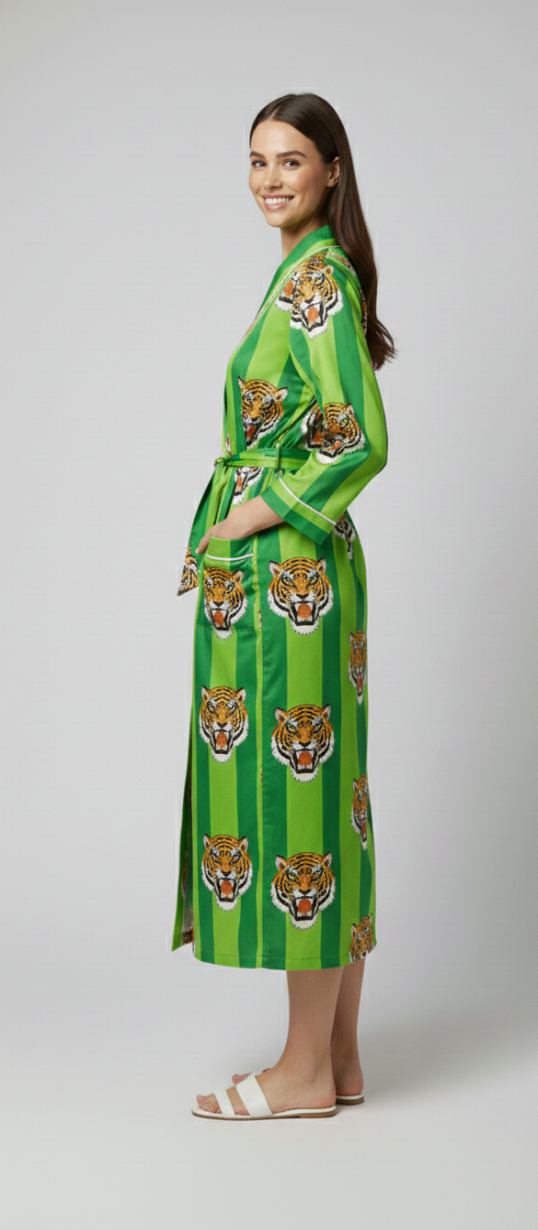 Women’s Green Tiger Print Cotton Robe | Front Tie Waist | 3/4th Sleeves