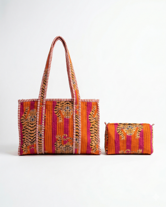 Tiger Tango – Tibetan Quilted Tote & Pouch Set
