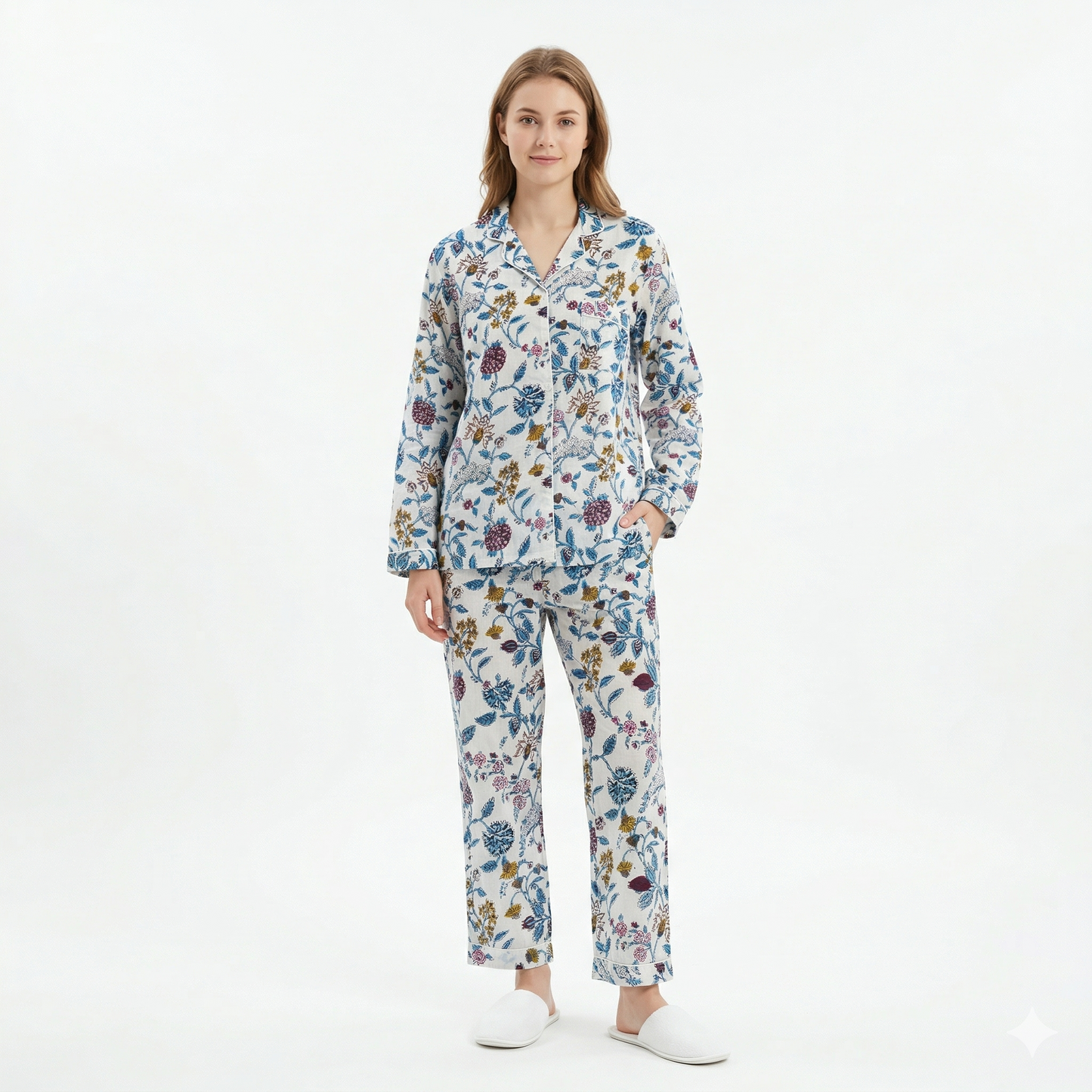 Women’s White Vine Bloom Cotton Night Suit Set – Elegant Two Piece Pajama Set