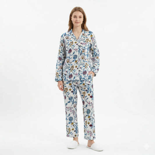 Women’s White Vine Bloom Cotton Night Suit Set – Elegant Two Piece Pajama Set