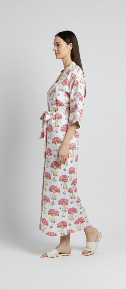 Women’s White Mushroom Print Cotton Robe | Front Tie Waist | 3/4th Sleeves