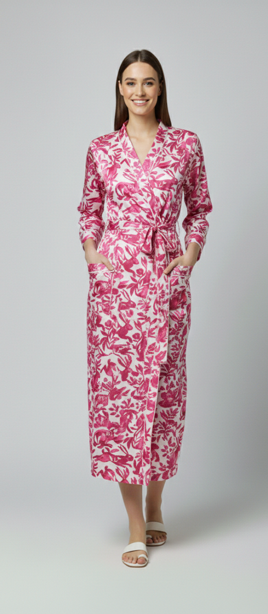 Women’s Pink Floral Print Cotton Robe | Front Tie Waist | 3/4th Sleeves