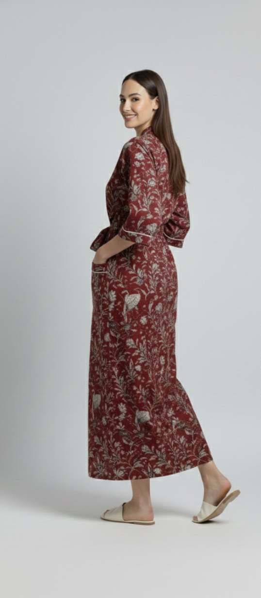 Women’s Maroon Bird & Floral Print Cotton Robe | Front Tie Waist | 3/4th Sleeves