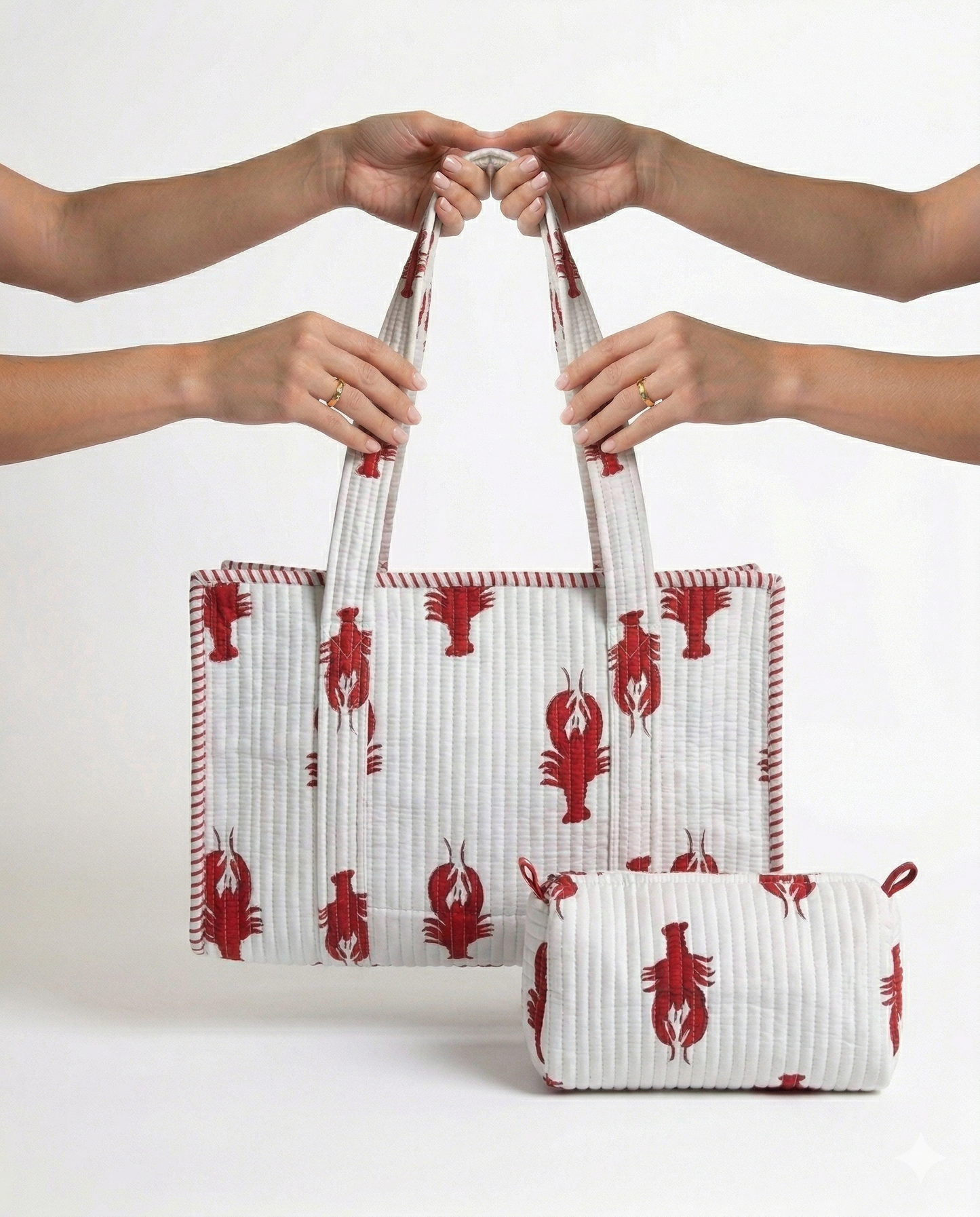 Lobster Love – White Quilted Tote & Pouch Set