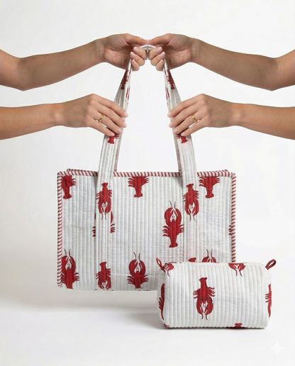 Lobster Love – White Quilted Tote & Pouch Set