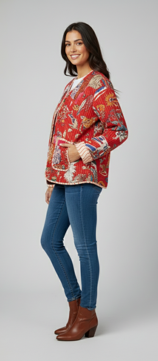 Women’s Red Patchwork Print Cotton Jacket | Front Open | Casual Handmade Style Jacket