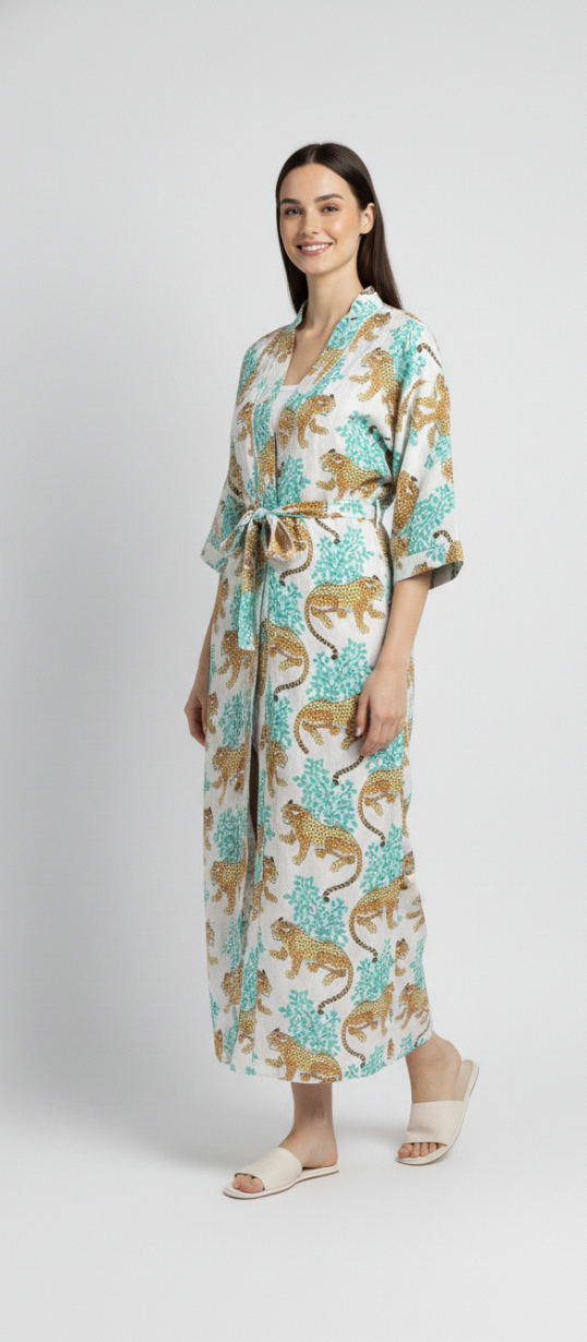 Women’s White Leopard Print Cotton Robe | Front Tie Waist | 3/4th Sleeves