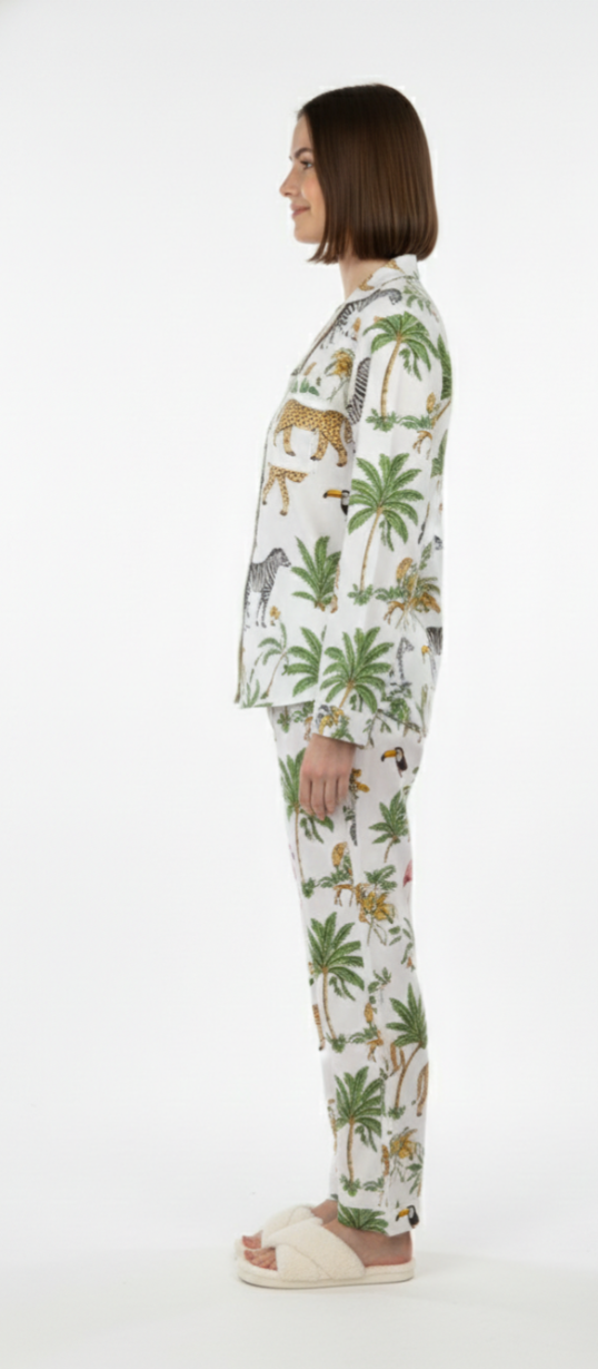 White Safari Print Cotton Pajama Set for Women – Button-Down Nightwear & Loungewear