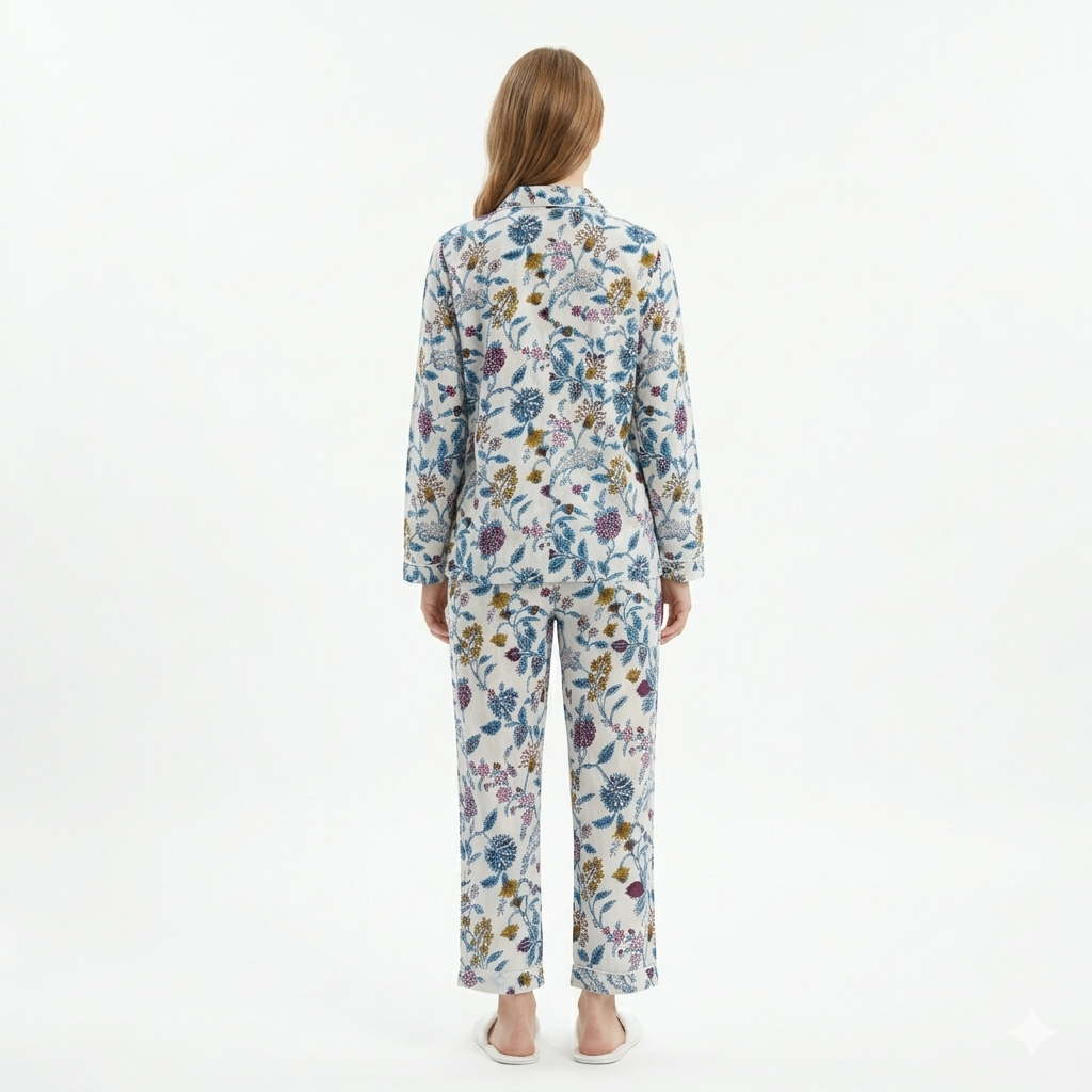 Women’s White Vine Bloom Cotton Night Suit Set – Elegant Two Piece Pajama Set
