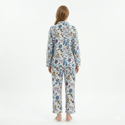 Women’s White Vine Bloom Cotton Night Suit Set – Elegant Two Piece Pajama Set