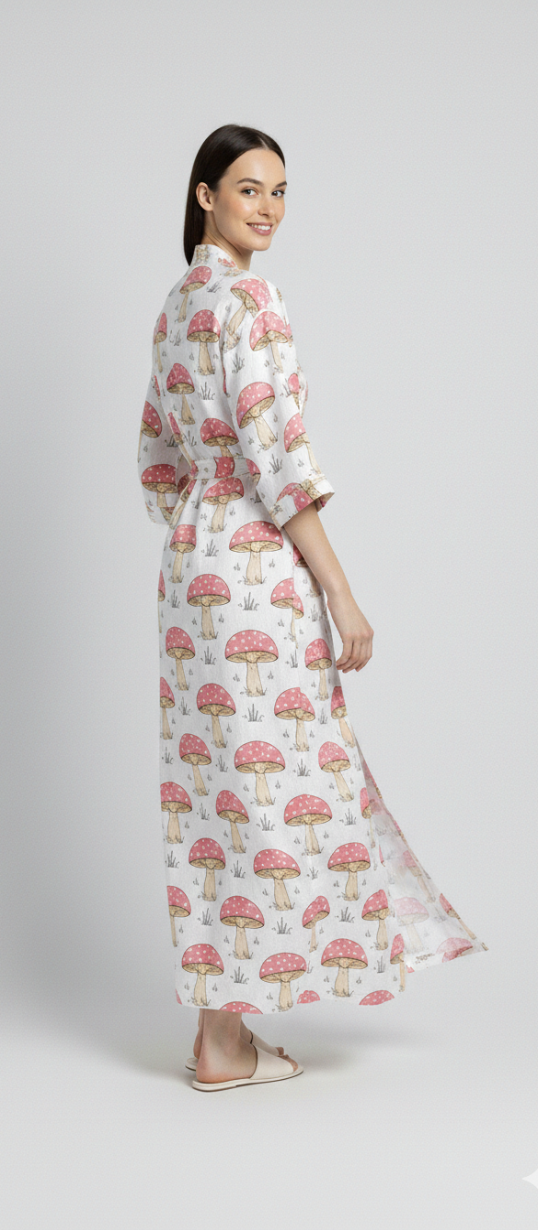 Women’s White Mushroom Print Cotton Robe | Front Tie Waist | 3/4th Sleeves