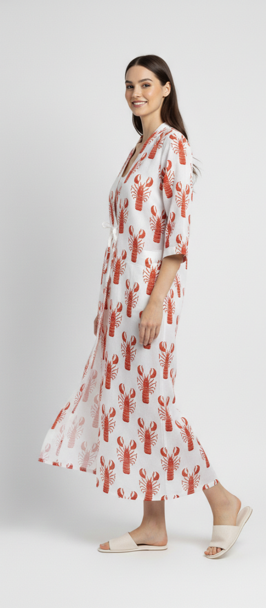 Women’s White Lobster Print Cotton Robe | V-Neck | 3/4th Sleeves