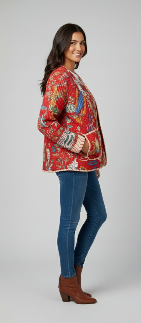 Women’s Red Patchwork Print Cotton Jacket | Front Open | Casual Handmade Style Jacket