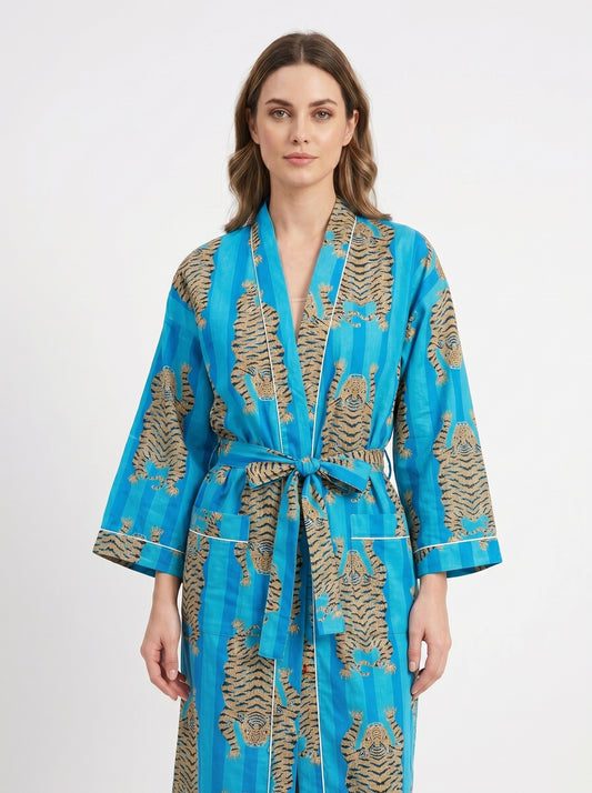 Tiger Blue Stripes – Women’s Cotton Tibetan Kimono