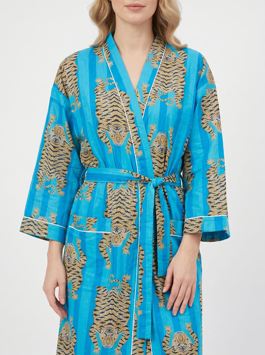 Tiger Blue Stripes – Women’s Cotton Tibetan Kimono