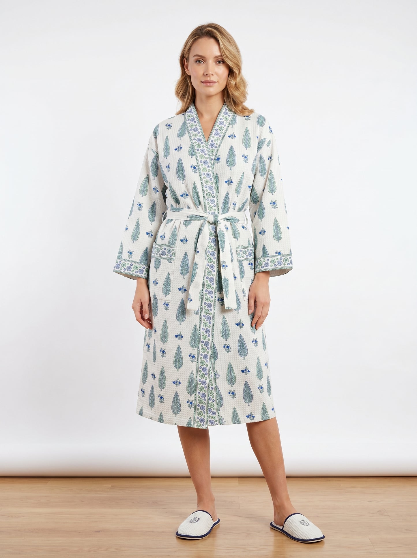 Mint White Petals Waffle Bathrobe – Luxury Spa Robe