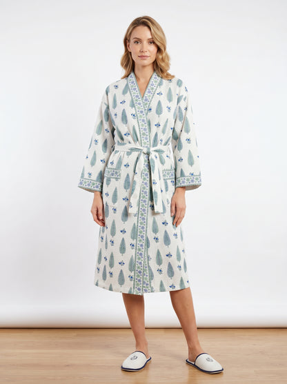 Mint White Petals Waffle Bathrobe – Luxury Spa Robe