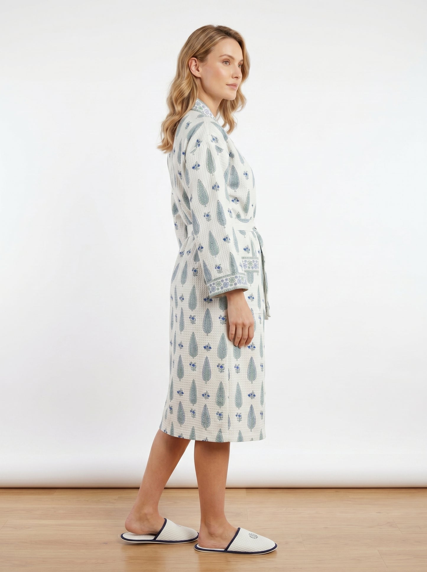 Mint White Petals Waffle Bathrobe – Luxury Spa Robe