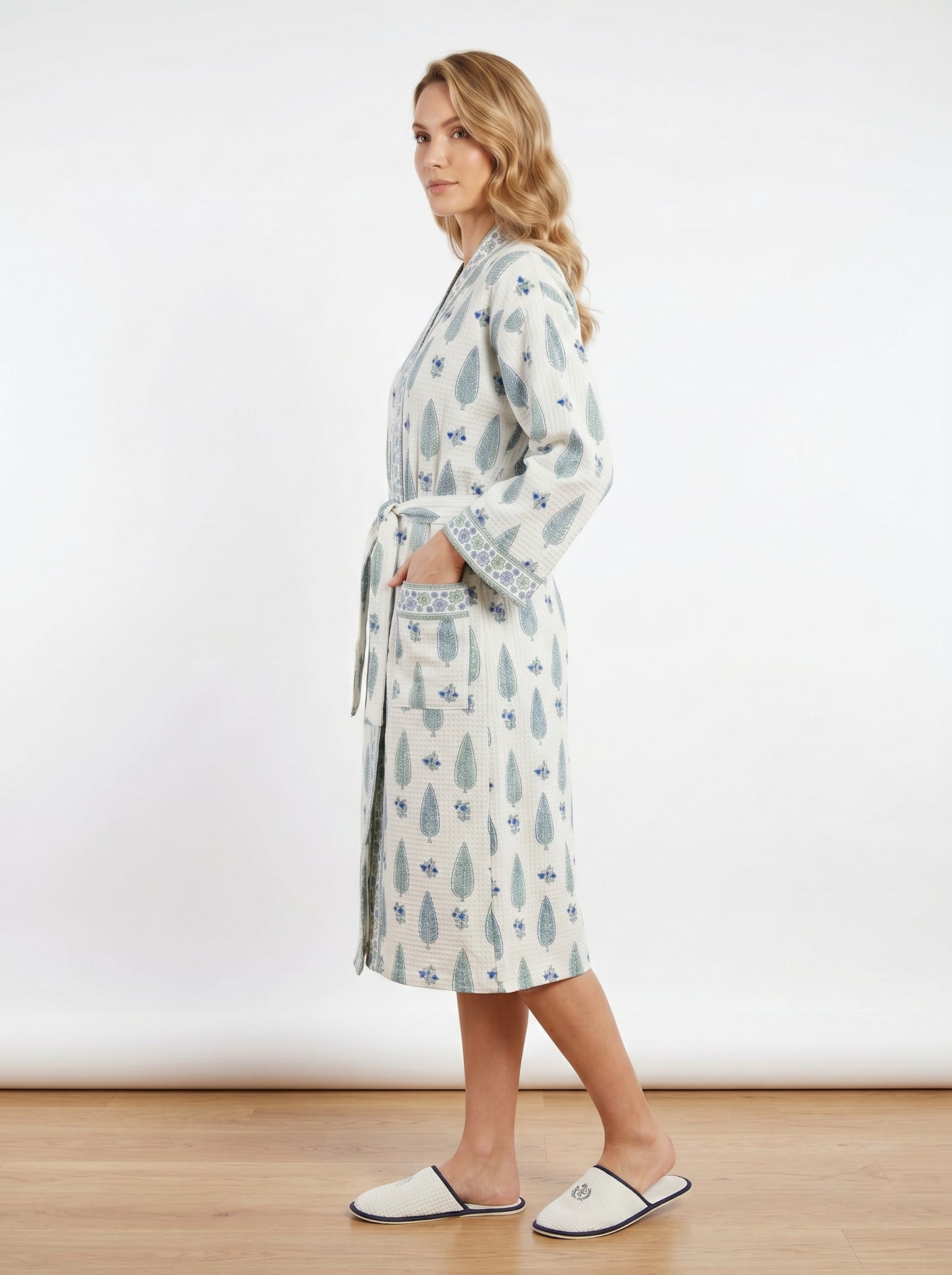 Mint White Petals Waffle Bathrobe – Luxury Spa Robe
