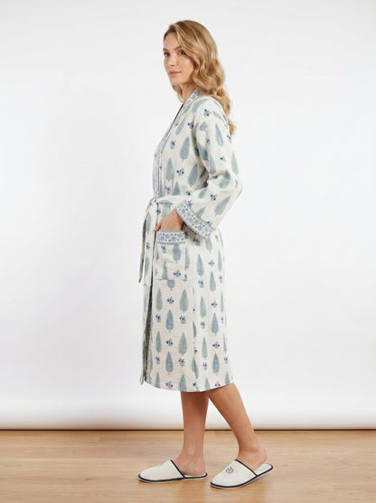 Mint White Petals Waffle Bathrobe – Luxury Spa Robe