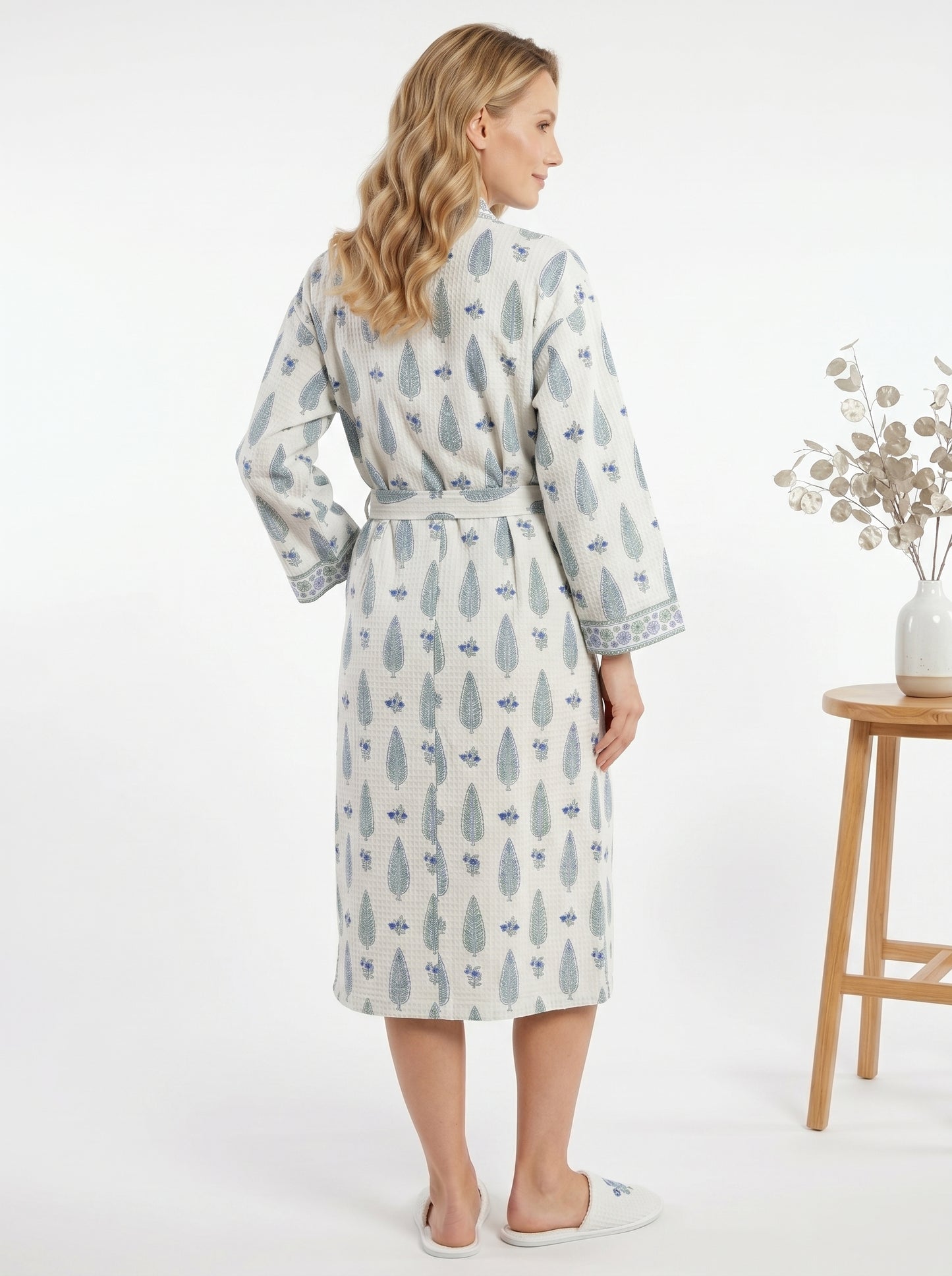 Mint White Petals Waffle Bathrobe – Luxury Spa Robe