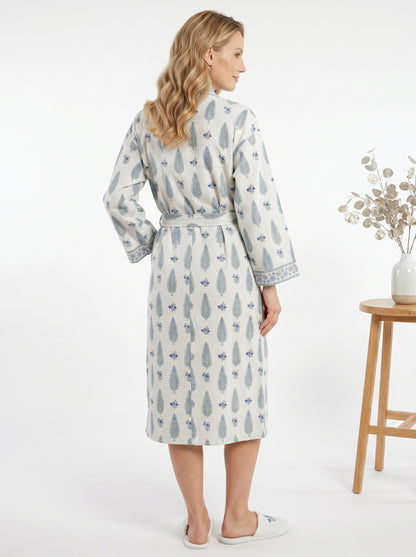 Mint White Petals Waffle Bathrobe – Luxury Spa Robe