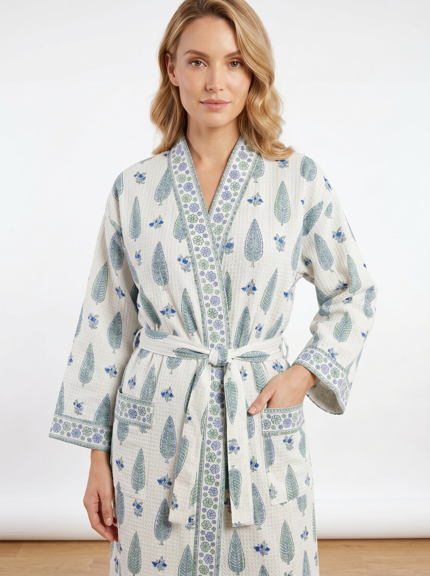 Mint White Petals Waffle Bathrobe – Luxury Spa Robe