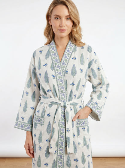 Mint White Petals Waffle Bathrobe – Luxury Spa Robe