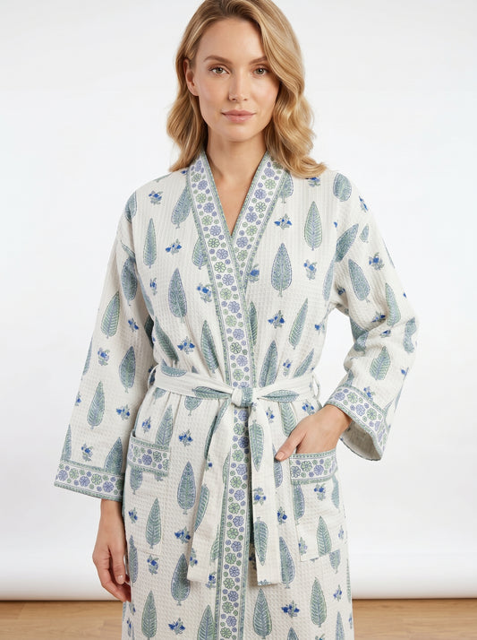 Mint White Petals Waffle Bathrobe – Luxury Spa Robe