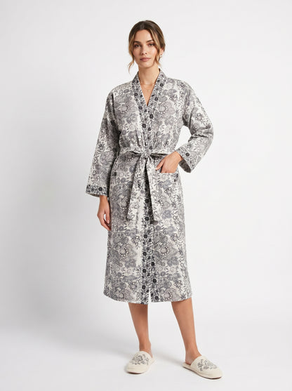 Smoked Grey Vine Petals Waffle Bathrobe – Luxury Spa Robe