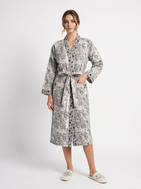 Smoked Grey Vine Petals Waffle Bathrobe – Luxury Spa Robe