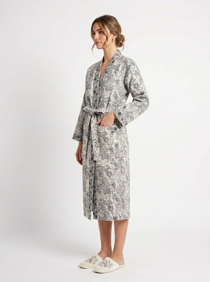 Smoked Grey Vine Petals Waffle Bathrobe – Luxury Spa Robe