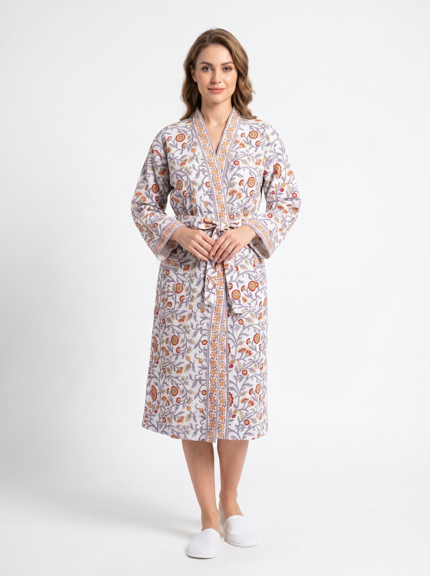 White Vine Petals Waffle Bathrobe – Luxury Spa Robe