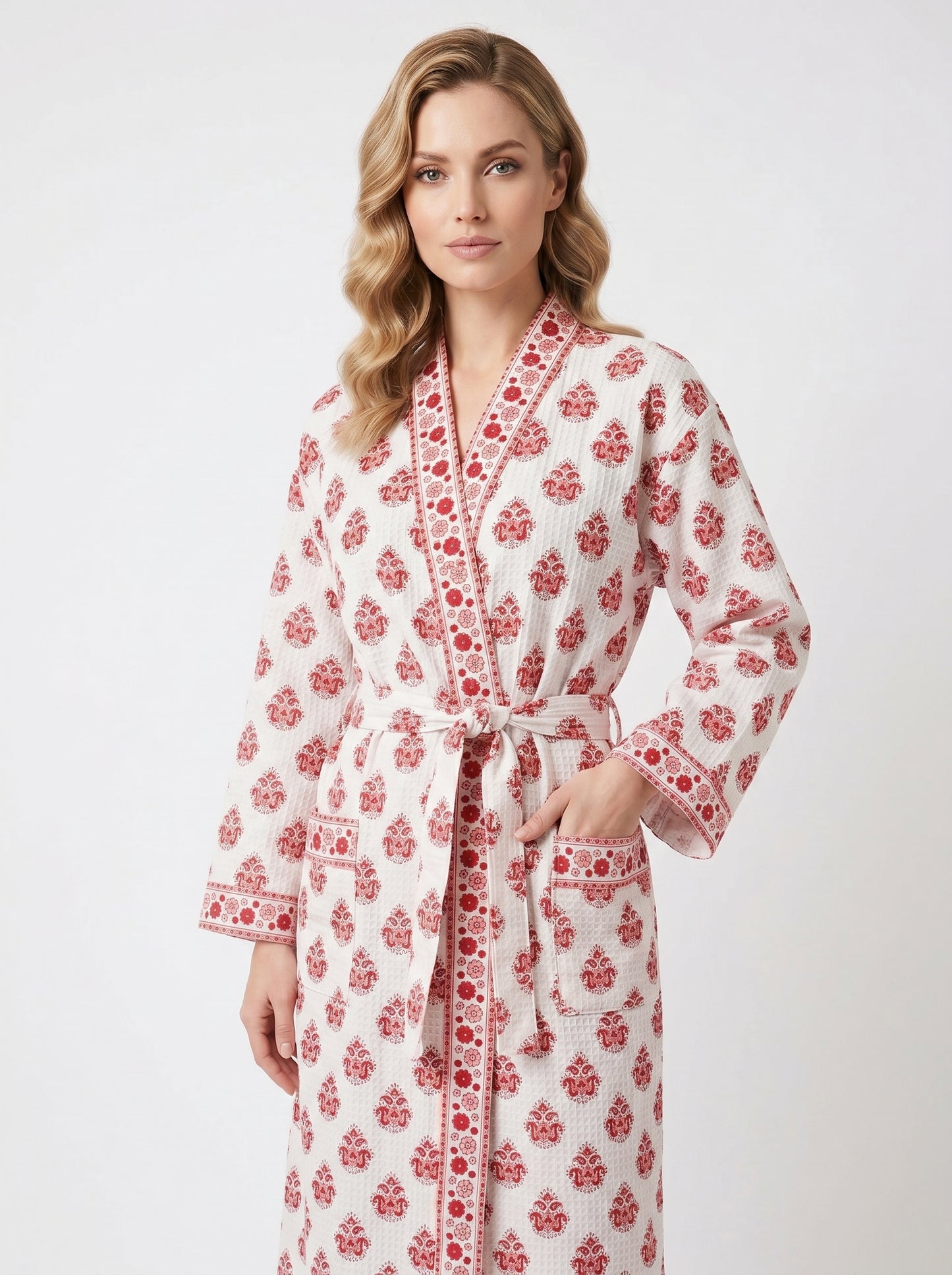 Red Crimson Bloom Petals Waffle Bathrobe – Luxury Spa Robe