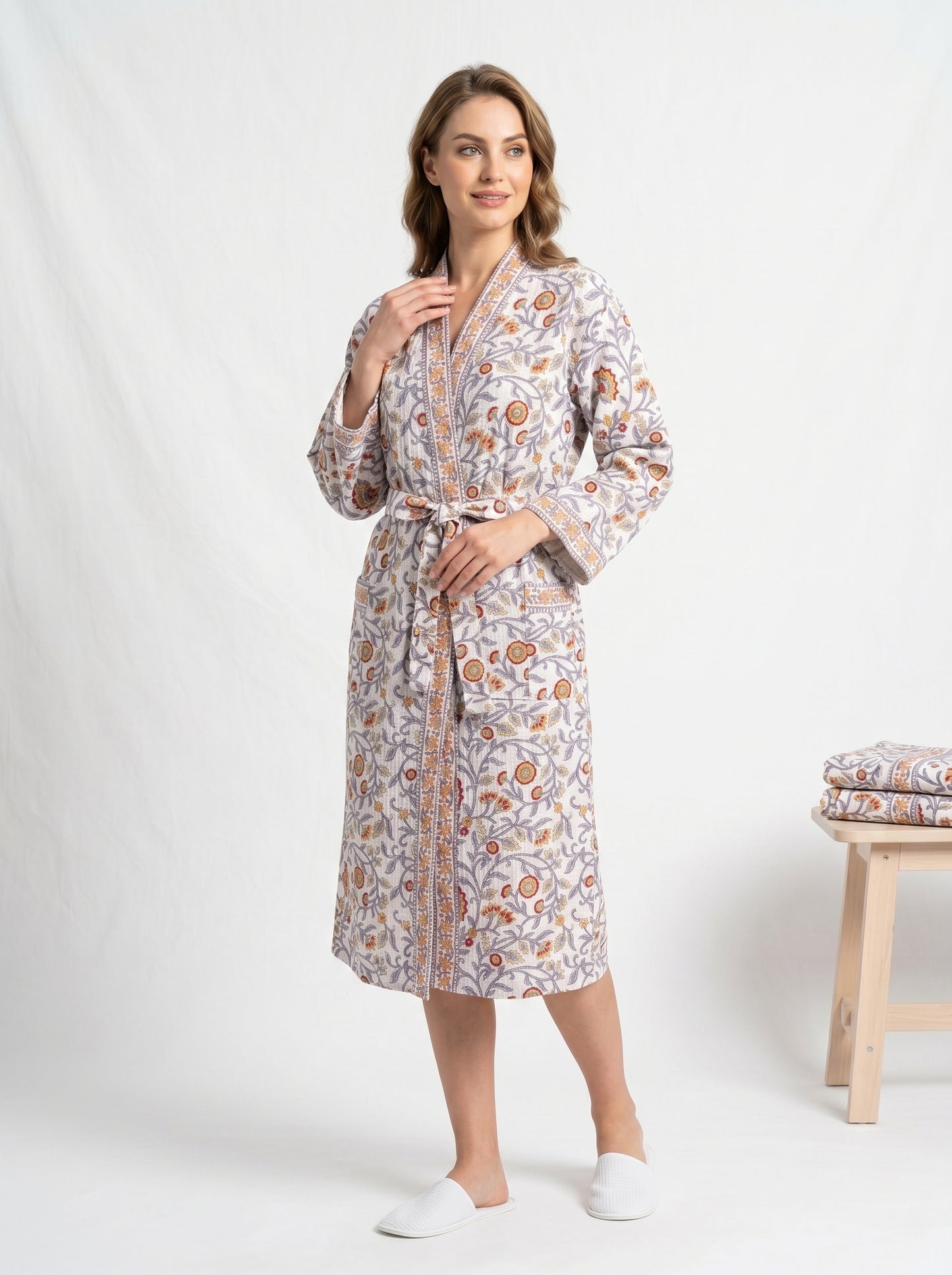 White Vine Petals Waffle Bathrobe – Luxury Spa Robe