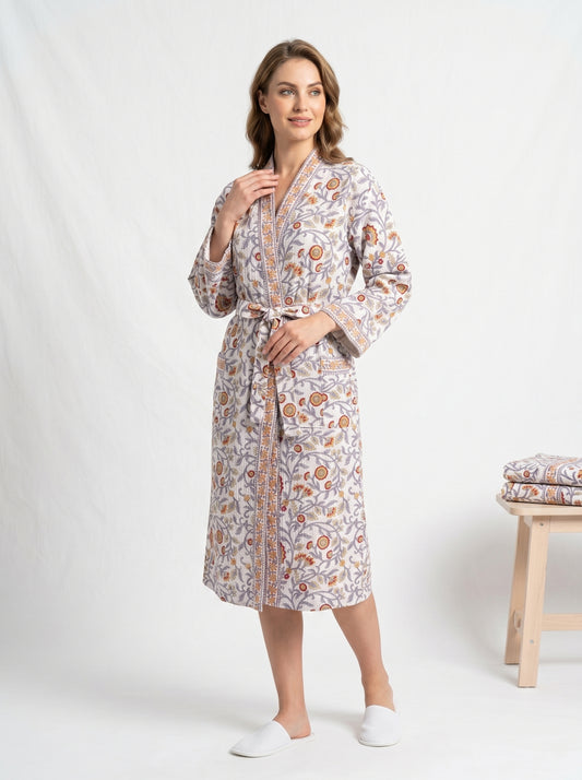 White Vine Petals Waffle Bathrobe – Luxury Spa Robe