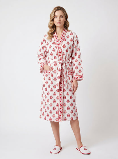 Red Crimson Bloom Petals Waffle Bathrobe – Luxury Spa Robe