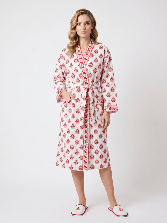 Red Crimson Bloom Petals Waffle Bathrobe – Luxury Spa Robe